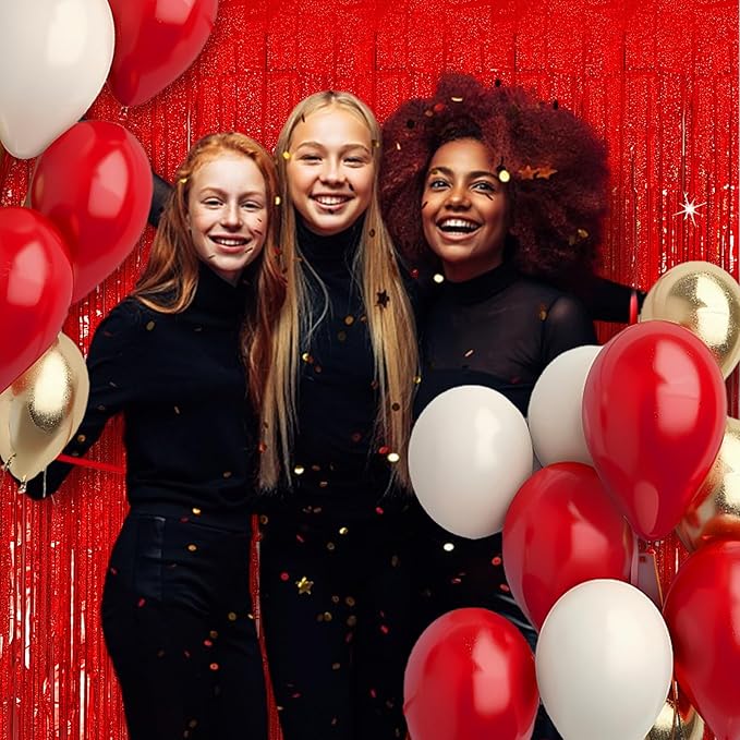 3 Pack Red Streamers Party Backdrop Christmas Decorations Foil Fringe Backdrop Curtains Carnival Casino Theme Birthday New Year Holiday Celebration Bachelorette Party Decorations Supplies
