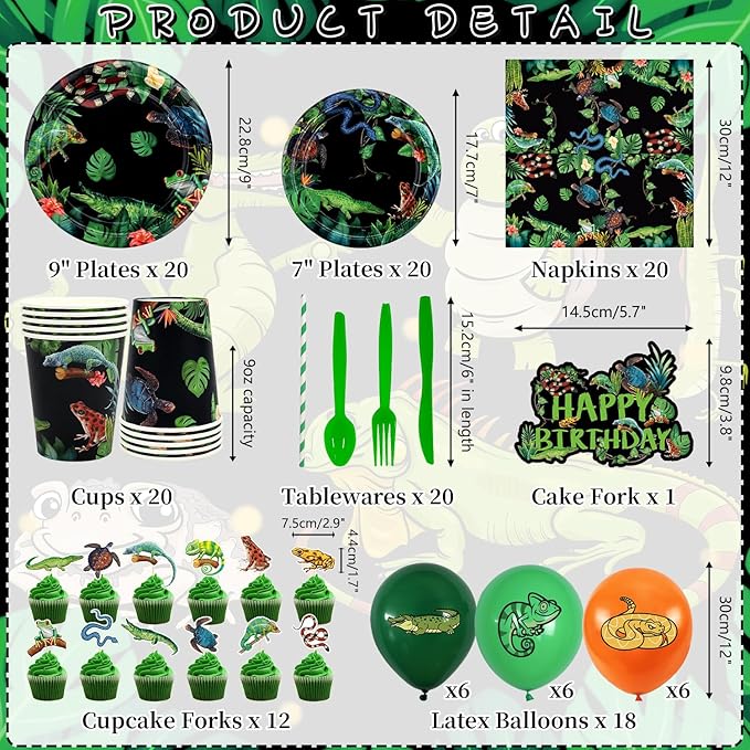 KEFAN Reptile Party Decorations, Wildlife Lizards Snakes Crocodiles Party Tableware Supplies including HAPPY BIRTHDAY Banner, Plates, Cups, Napkins, Tablecloth, Balloons-Serves 20