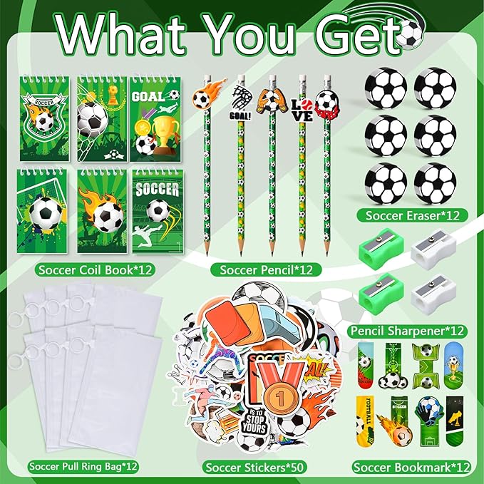 Soccer Party Favors Birthday Supplies School Stationery Bulk - Mini Notebook Pencil Eraser Bookmark Sharpener Bag Sticker, Goodie Stuffer Pinata Filler Boy Kids Soccer Themed Party Supplies