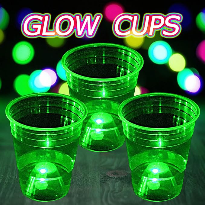 mishunyus 24 Pack Green Glow Cups, 16 oz Strong & Sturdy Disposable Plastic Cups for St Patrick Day Decoration, Green Theme Birthdays Party, Night Event Fun, BBQ, Beach, Holidays