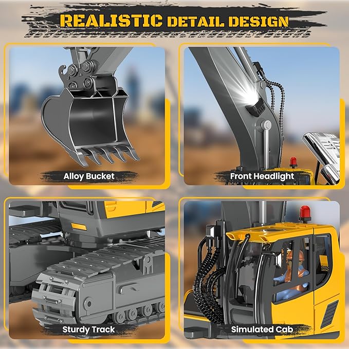 Remote Control Excavator Toy RC Play Excavator Construction Vehicles, 11CH 2.4Ghz RC Sand Digger with Metal Shovel & Light, Construction Truck Toys for Boys 3 4 5 6 7 8-12 Year Old Kids Birthday Gifts