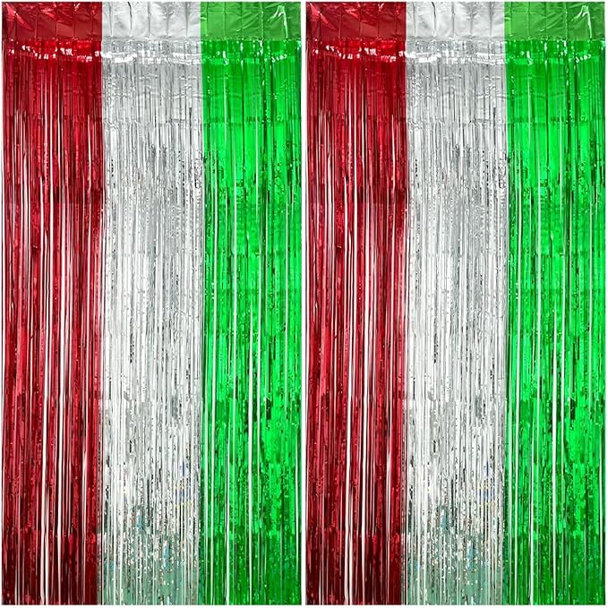 2 Pack Construction Foil Fringe Curtains, 3.3x6.6 ft Red Green Silver Fringe Curtains Tinsel Backdrop Streamers for Christmas Party Decorations Indoor Outdoor New Years Eve, Party Supplies