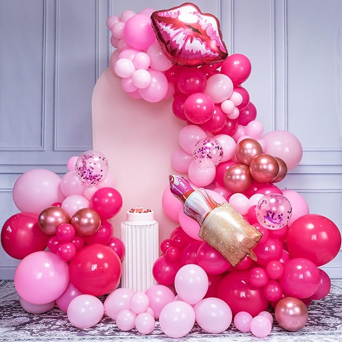147pcs Pink Balloon Garland Arch Kit for Girls Birthday Party Supplies Set Red Lips and Lipstick Foil Mylar Kiss Balloons for Makeup Valentines Wedding Backdrop Decor