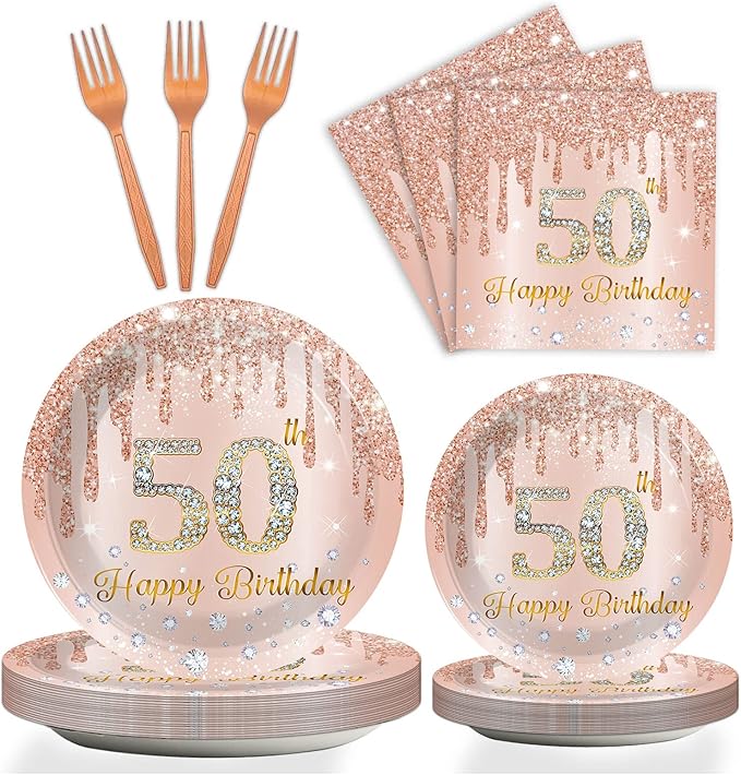 96 Pieces 50th Birthday Tableware Set for Pink Rose Gold 50th Birthday Table Decorations Supplies Pink Rose Gold Happy 50 Years Old Dessert Paper Plates Napkins Forks for 24 Guests Women Supplies