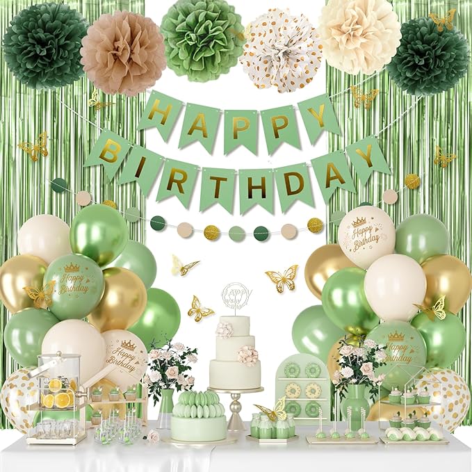 Sage Green Birthday Decorations, Olive Green Gold Metallic Printed Balloons Butterfly Stickers Fringe Curtain Happy Birthday Banner Circle Dots Paper Pompoms for Women Girls Boys Party Decor Supplies