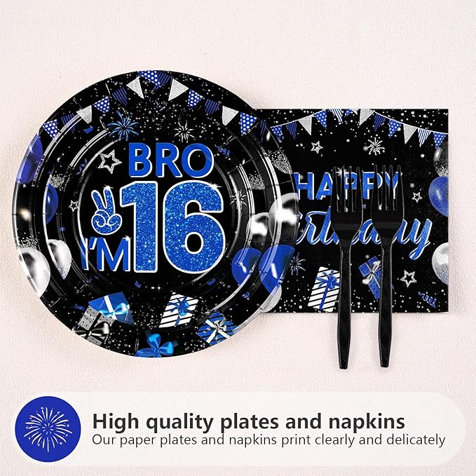 Grencian 96Pcs 16th Birthday Party Decorations for Boys Blue and Black 16th Birthday Plates Disposable Official Teen 16 Tableware for Teen Boys I’m 16 Bro 16 Years Old Party Supplies Serves 24