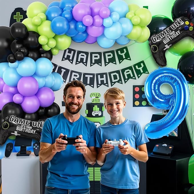 9th Birthday Video Game Balloons Arch, 9th Party Balloons Garland Kit 9th Game Birthday Supplies with Blue Number 9 Balloon Game Foil Balloons for 9 Year Old Teens Boys Decor