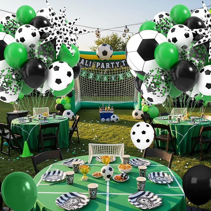 Football Balloons, 12 Inch Soccer Balloons with Green Black White Latex Soccer Printed Star Foil Balloons With Ribbons for Football Sport Theme Party Decorations Birthday Supplies