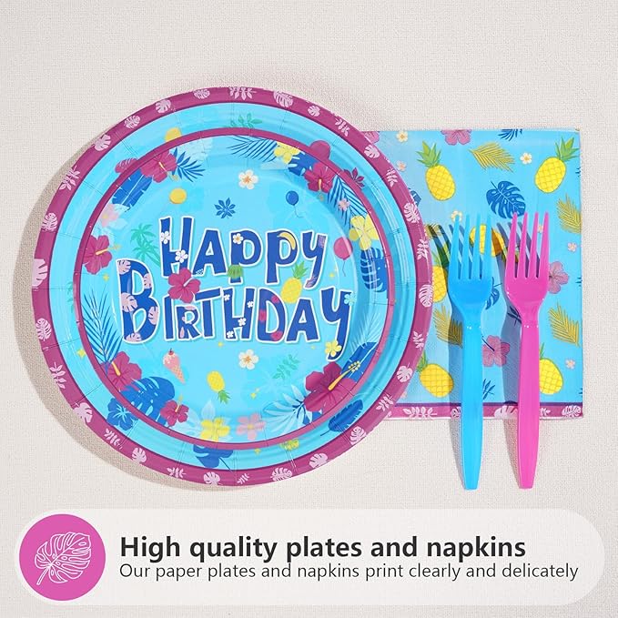 96Pcs Hawaiian Birthday Decorations Tropical Luau Blue Cartoon Plates and Napkins Tableware Sets Hawaii Hibiscus Party Decorations Favors for Summer Aloha Beach Pool Holiday Party Supplies Serves 24