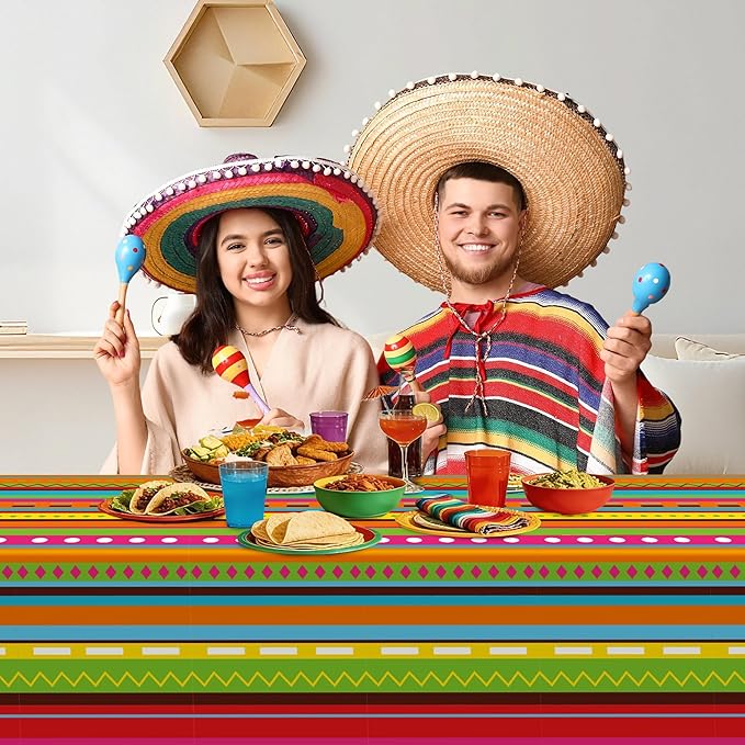 Kochorie 1 Roll 100 Ft x 54 Inch Mexican Fiesta Party Tablecloth Roll with Cutting Box Disposable Plastic Mexican Striped Table Cover Backdrop for Fiesta Taco Party Supplies