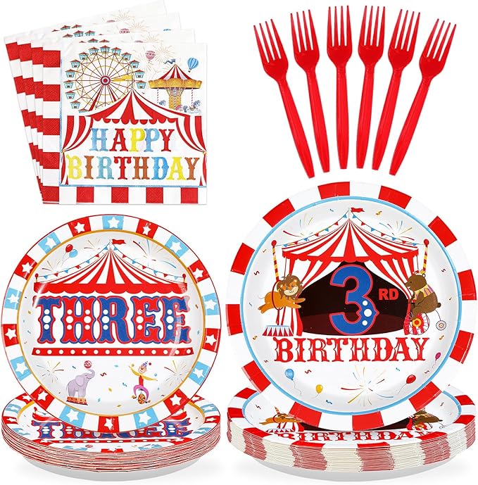 96Pcs Carnival 3rd Birthday Party Decorations Christmas Carnival Circus Third Birthday Plates and Napkins Tableware Sets Circus Theme Decoration for Kids Baby Shower Three Years Old Supplies Serves 24