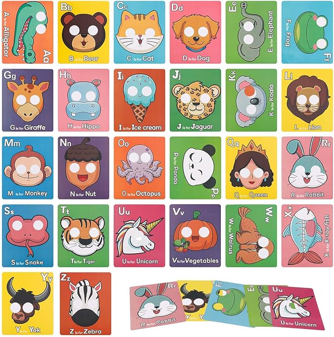 26pcs Alphabet Flash Cards, Giant ABC Mask Cards for Toddlers 1-3 with Animal Faces Uppercase & Lowercase Letter Flashcard Interactive Education Learning Games for Kids Preschool Kindergarten Baby