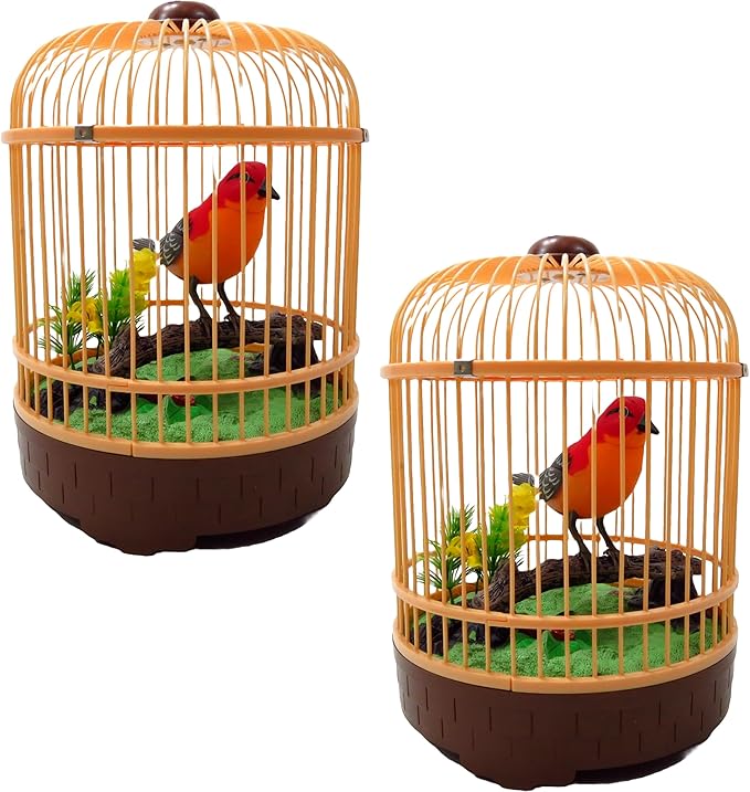 PowerTRC Singing & Chirping Bird in Cage, Realistic Sounds & Movements, Sound Activated Chirp (2 Sets)