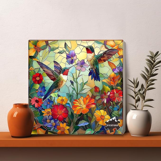 Stained Glass Puzzles for Adults 1000 Pieces, PICKFORU Colorful Flower Hummingbird Jigsaw Puzzles, Mosaic Bird Puzzles as Home Decor