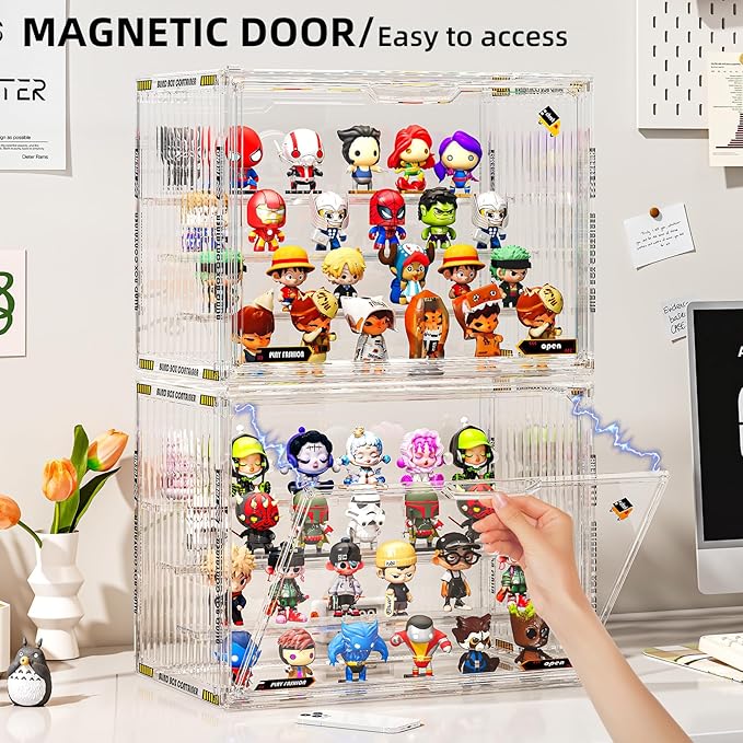 JOYZAN Acrylic Display Cases for Collectibles 4 Packs 4 Layer Adjustable Clear Figure Display Case with Magnetic Door Stackable Collectible Display Box with 3 Movable Plates Blind Box Case - Large