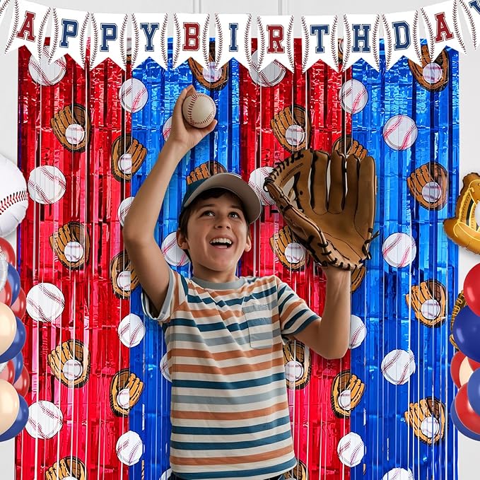 2 Pack Baseball Tinsel Foil Fringe Curtains Backdrop Party Decorations, Blue and White Red Door Streamers Banner Sports Themed Birthday Party Decor Supplies for Boys Favor