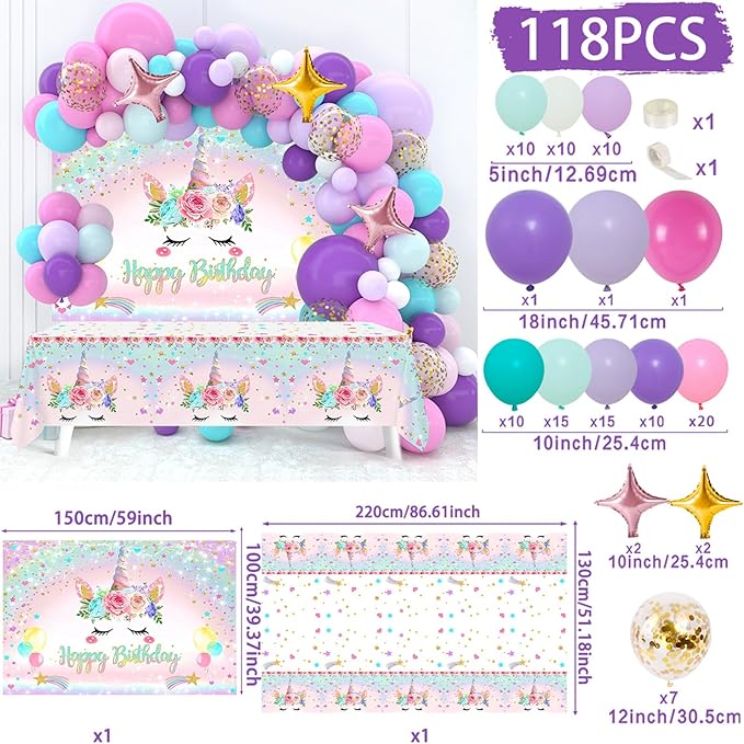 Unicorn Birthday Decorations for Girls,118pcs Unicorn Theme Party Supplies with Balloon Garland Arch Kit Backdrop and Tablecloth for Girls Women Birthday Party Decorations