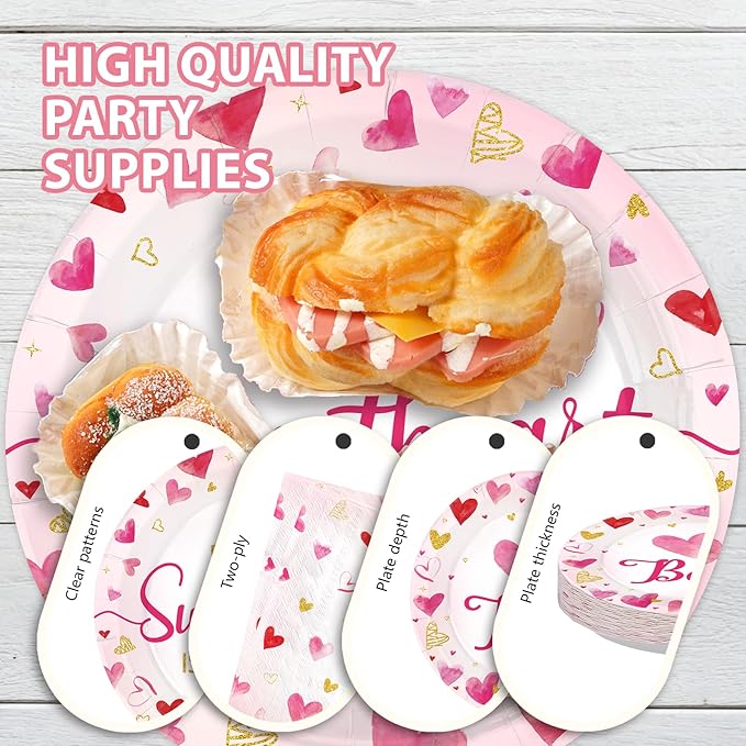 96Pcs Valentine's Day Baby Shower Party Supplies A Little Sweetheart is on The Way Party Plates and Napkins Disposable Watercolor Love Heart Tableware Set for Kids Baby Shower Decorations Serves 24