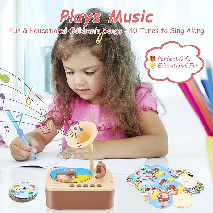 Kids Gramophone with 96 Learning Cards, Kids Story Toys and Toddler Music Player, Ages 3+
