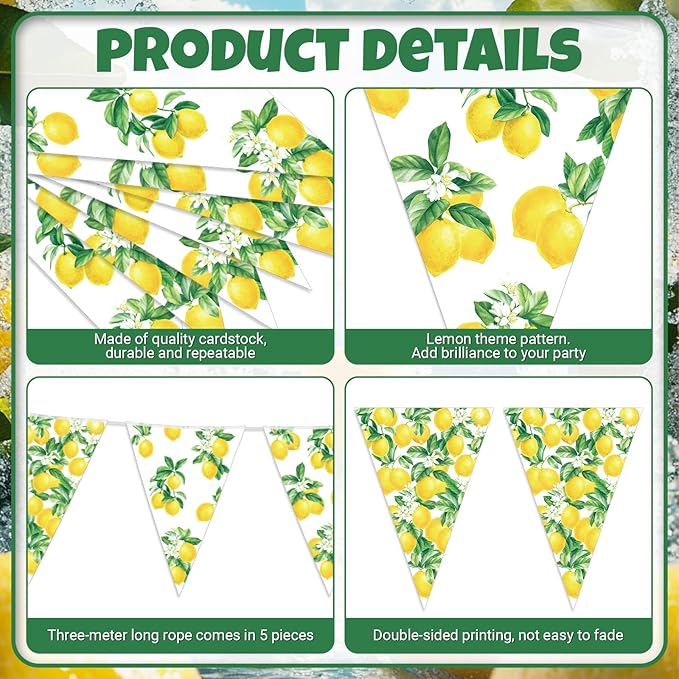 HESTYA 5 Pcs 49 Ft Lemon Party Decorations Yellow Floral Lemon Banner Pre-Assembled Summer Lemonade Triangle Flag Bunting Garland for Wedding Bridal Shower Birthday Baby Shower Party Supplies