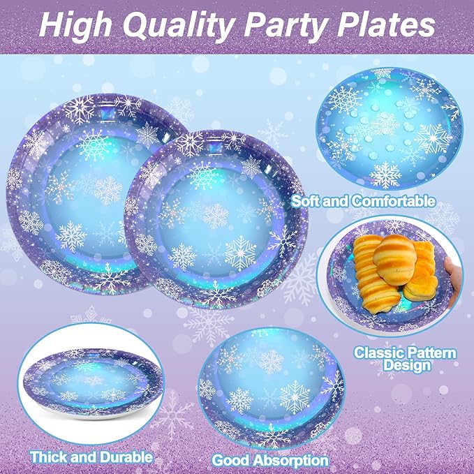 96 Pcs Winter Snowflake Paper Plates and Napkins Blue Purple Snowflake Disposable Tableware Winter Wonderland Dinnerware for Christmas New Year Birthday Party Decor Supplies