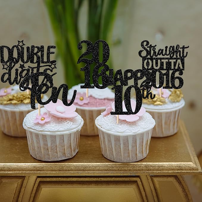 30PCS Black 10th Birthday Cupcake Toppers Glitter Ten Happy 10 Straight Outta 2016 Cupcake Picks for Cheers to 10 Years 10th Birthday Wedding Anniversary Party Cake Decorations Supplies