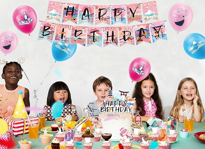 Japanese Party Decorations Japanese Birthday Party Supplies Set, Includes Birthday Banner, Cake Topper, Cupcake Toppers, Latex Balloons
