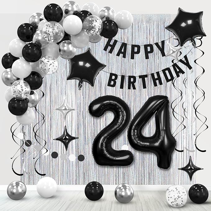 24th Birthday Decorations for Boys Girls, Silvery and Black Happy 24th Birthday Banner ,Number 24 Balloons Arch Kit for 24 year old Birthday Party Decorations.