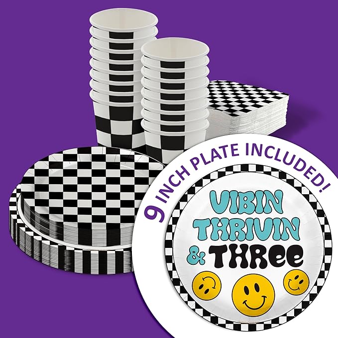 Vibin Thrivin' and Three Smiley Face 3rd Birthday Party Supplies - 64 Piece Boys Third Birthday Tableware Set Includes Large 9" Dinner Plates and 8" Dessert Paper Plates Napkins Cups - Kit for 16