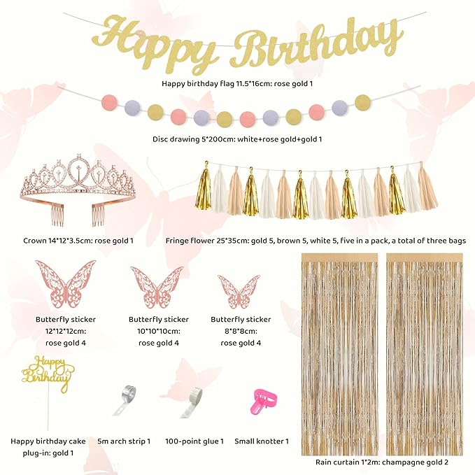 Ouddy Life Birthday Decorations for Women Girls, Neutral Foil Star Balloons Happy Birthday Circle Dots Banner Fringe Curtains Cake Topper Butterfly Paper Pompoms for Baby Shower Party Supplies