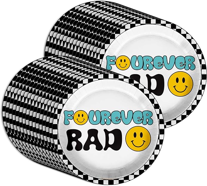 Fourever Rad Smiley Face Fourth Birthday - 32 Piece Disposable Party Supplies - Decorations for Boy's 4th Birthday Round Party Plates - Large 9" Paper Plates In Bulk