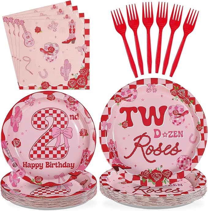 96Pcs Two Dozen Roses Party Supplies Two Dozen Roses 2nd Birthday Plates and Napkins Pink Floral Western Theme Tableware Set for Western Cowgirls 2nd Birthday Party Decorations Serves 24