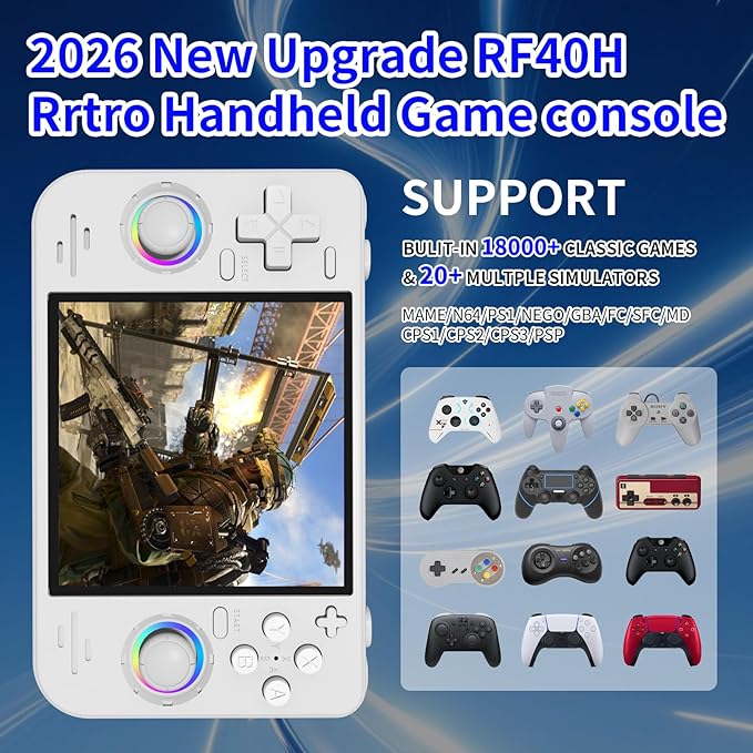 RF40H Retro Handheld Game Console, 4.0 Inch 720x720 IPS Screen, Built-in 18,000+ Classic Game, Portable Hand Held Open Source Linux System, 4000mAh Battery Retro Gaming Console (Black 64GB) (White)