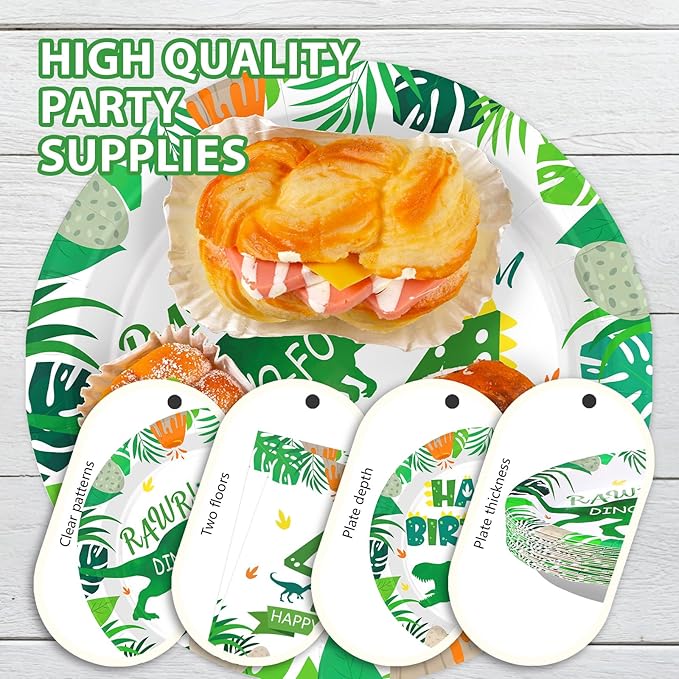 Grencian 96Pcs Dinosaur 4th Birthday Decorations Dinosaur 4th Birthday Plates Roar Im Four Paper Tableware Set for Boys Dino Four Year Old Birth-day Party Decorations, Serves 24