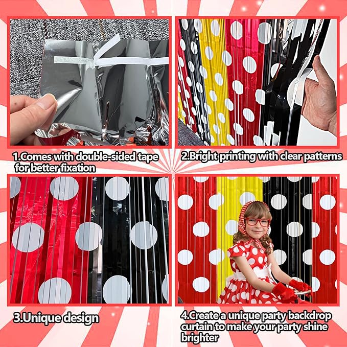 4 Pack Black Red Yellow Foil Fringe Curtains Birthday Decorations, 3.2x6.6ft Mouse Color Door Streamers Backdrop Cartoon Mouse Baby Shower Birthday Party Decorations Supplies