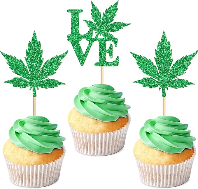 Ercadio 24 Pcs Green Glitter Marijuana Cupcake Topper Have a Dope Love Theme Decor Supplies Man Woman Happy Birthday Party Decorations Supplies