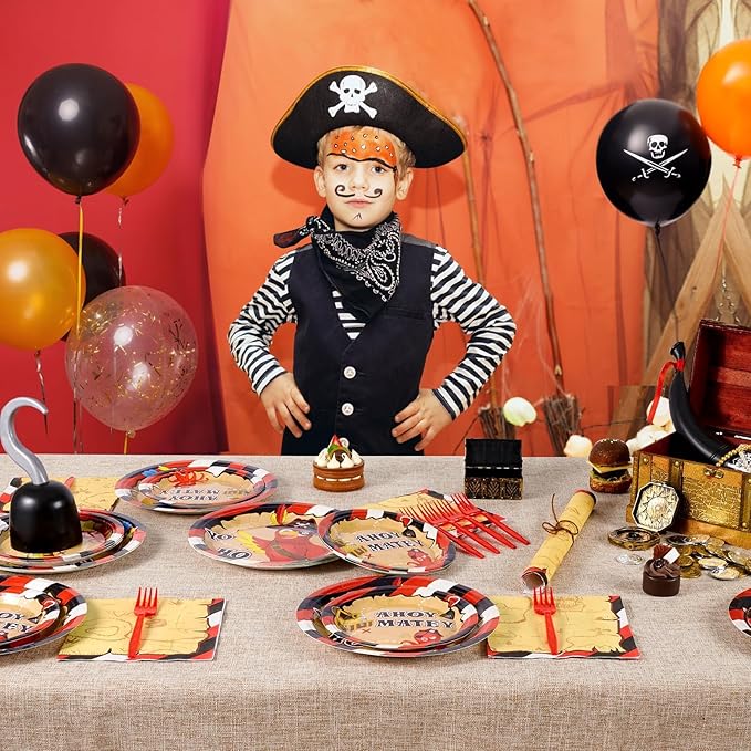 WERNNSAI Pirate Party Supplies - 64PCS Pirate Plates Napkins and Forks Treasure Map Party Decorations Nautical Birthday Plates and Napkins for Kids Boys Baby Shower Favors Serves 16 Guests