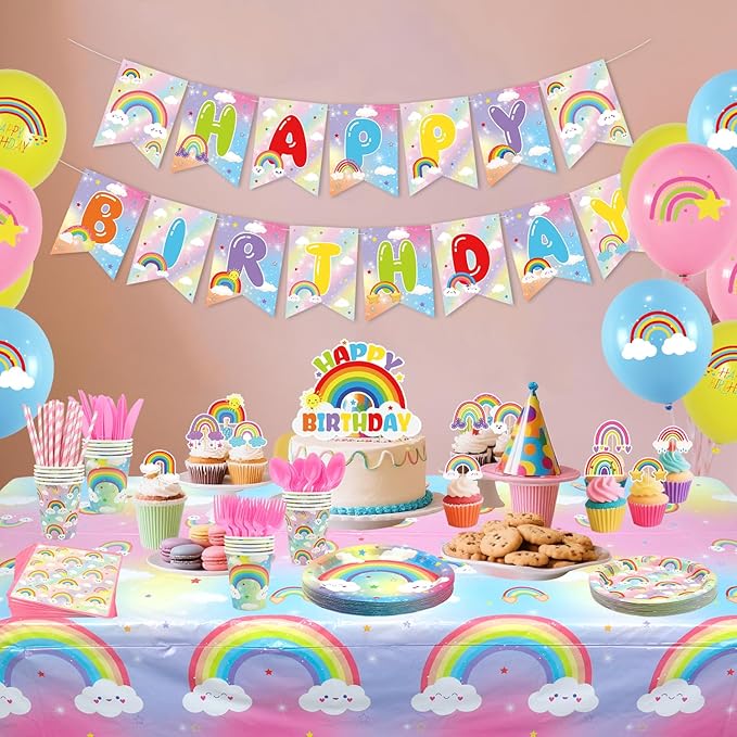 Rainbow Birthday Party Decorations - Rainbow Party Supplies including Banner, Plate, Cake Topper, Cup, Napkin, Balloon, Tablecloth - Serves 20