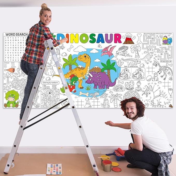 Naozinebi Dinosaur Giant Coloring Poster for Large Coloring Tablecloth Big Paper Sheets Page Dino Table Cloth DIY Activity Game Art Crafts Mat Wall Home Party Decoration Supplies