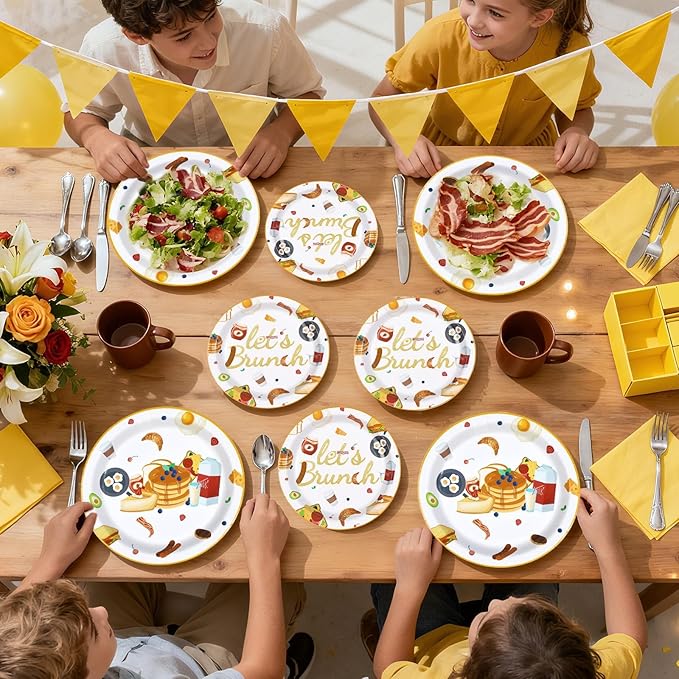 96Pcs Let's Brunch Party Supplies Breakfast Food Theme Plates and Napkins Brunch Tableware Set for Birthday Baby Shower Bachelorette Bridal Shower Party Supplies，Serves 24