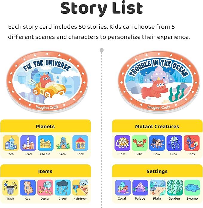 Imagine Craft Story Cards – Funny Little Monster’s Adventure 2-Pack, Customizable Learning Stories with Interactive Settings & Characters, Screen-Free Fun for Kids Ages 3-6(No Player)