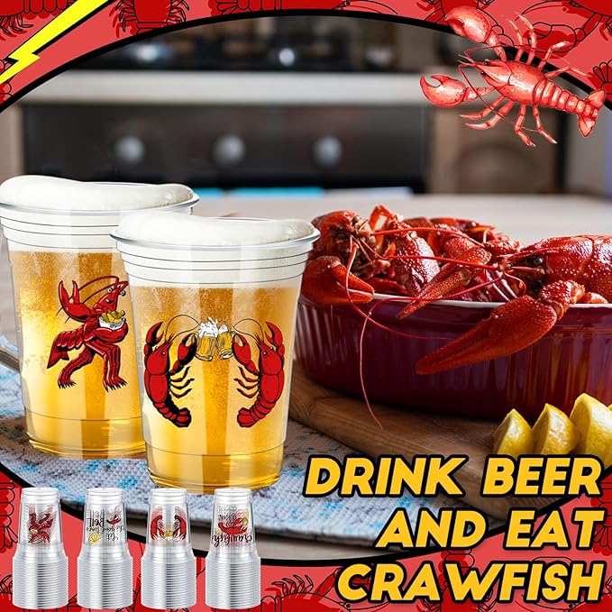 Domensi 50 Sets Plastic Crawfish Boil Cups with Straws 12 oz Disposable Plastic Cups Bulk Crawfish Boil Party Supplies Seafood Party Favors Lobster Feast Birthday Table Decorations