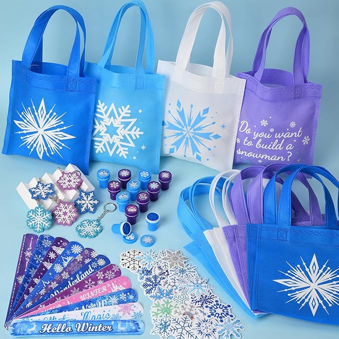 Winrayk 98Pcs Frozen Party Favors Birthday Supplies, Non Woven Tote Bag Stamper Snowflake Keychain Sticker Slap Bracelet, Pinata Filler Goodie Stuffer Classroom Prizes Kids Girls Winter Frozen Decor