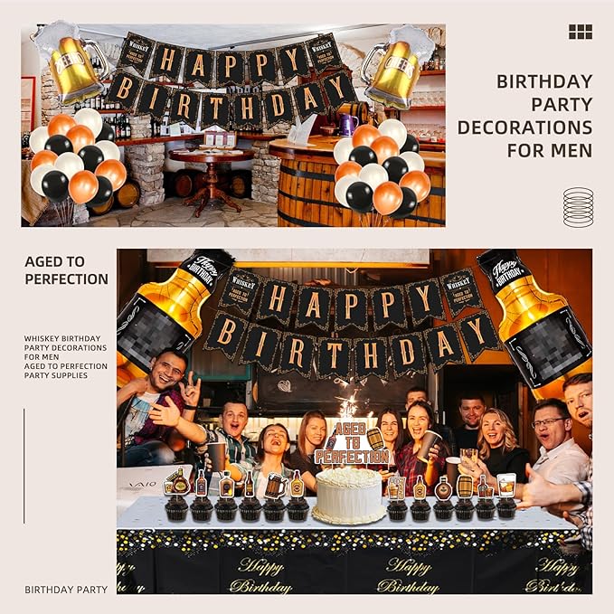 Whiskey Birthday Party Decorations for Men Aged to Perfection Party Supplies Include Birthday Banner Whiskey Garland Tablecloth Cake Toppers Foil Balloons for Whiskey Party Decorations for Dad Daddy
