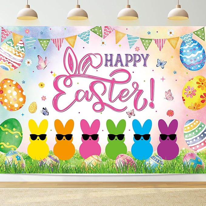 Happy Easter Peeps Banner Backdrop 8x6FT Spring Colorful Eggs Bunny Peeps Photography Background Kids Easter Party Decorations Supplies Photo Props