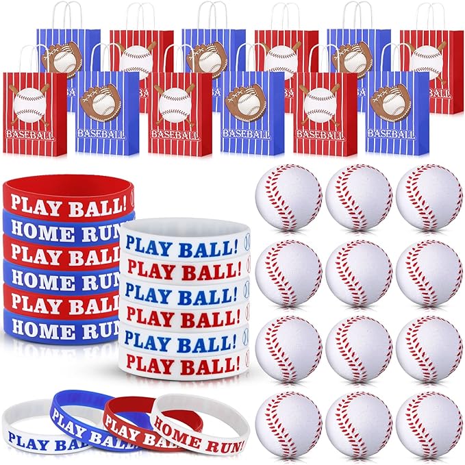 MTLEE Baseball Party Favors Set Includes Themed Paper Goodies Bags Gift, Silicone Bracelets, Mini Foam Baseball for Team Birthday Party Supplies