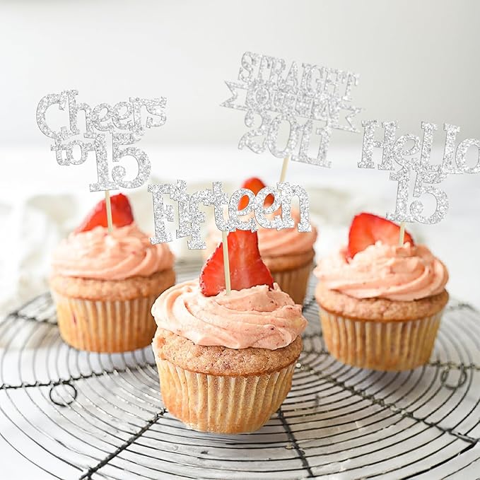 Ephlyn 24Pcs 15th Birthday Cupcake Toppers Glitter Straight Outta 2011 Cupcake Picks Hello 15 Cheers to 15 Years Cake Decorations for 15th Birthday Anniversary Party Decorations Supplies Silver