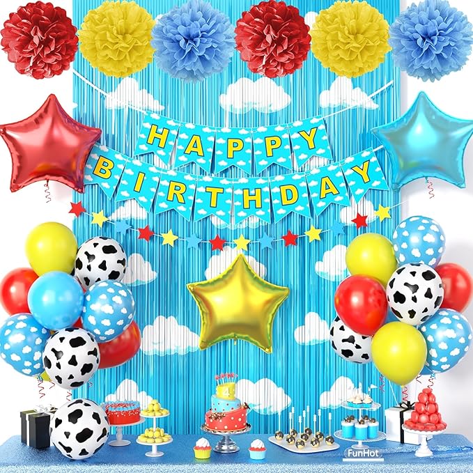 Red Yellow Blue Birthday Decoration,Blue Sky White Clouds Party Supplies,Include Balloons Happy Birthday Banner Fringe Curtain Tissue Paper Pompoms Garland