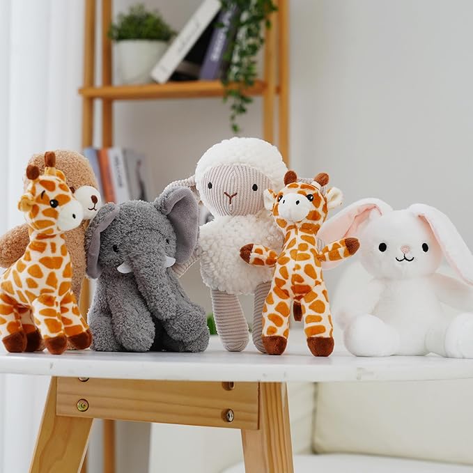 6 Pcs Stuffed Animals Bulk, 8 Inch Small Stuffed Safari Animals, Zoo Stuffed Animals Set (Sheep Elephants Bear Giraffe Bunny) Baby Shower Party Decor, Easter Gift for Classroom Kids, Girls