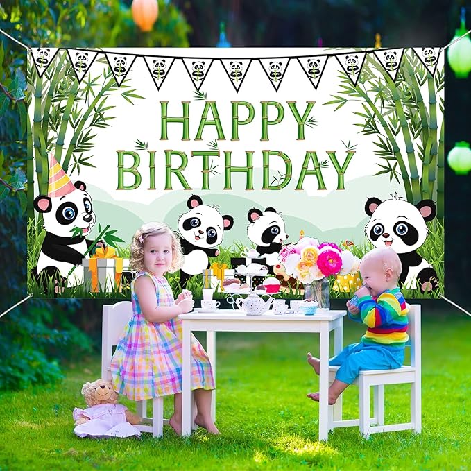Cartoon Panda Birthday Decorations Panda Backdrop for Party Supplies Animal Themed Banner Green Bamboo Background Baby Shower Photo Background Kids Children Newborn Birthday Party Table Decor